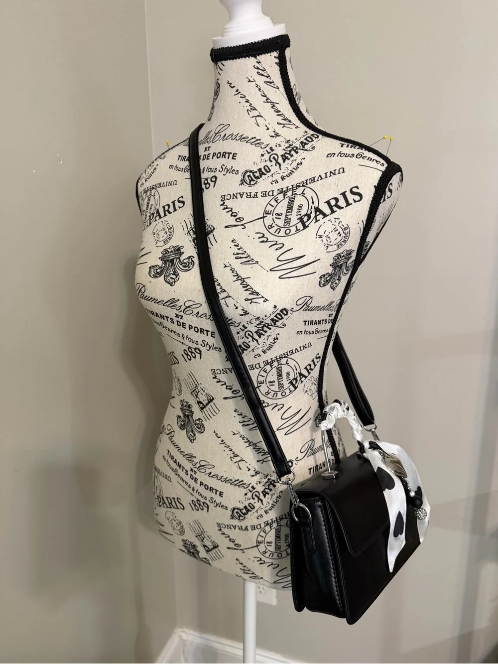 Women's Top-Handle Bag Black with Heart Scarf Accent